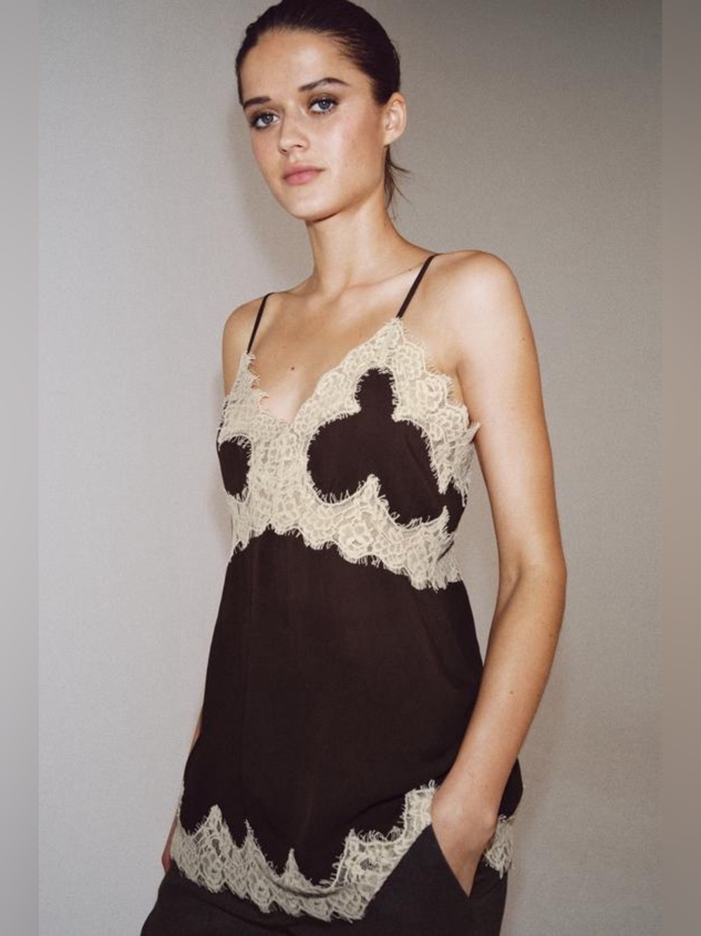 Zara Silk Lace Trim Cami Top in Dark Brown and Cream
